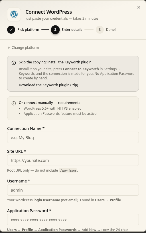 The Keyworth WordPress connection form asking for site URL, username and Application Password