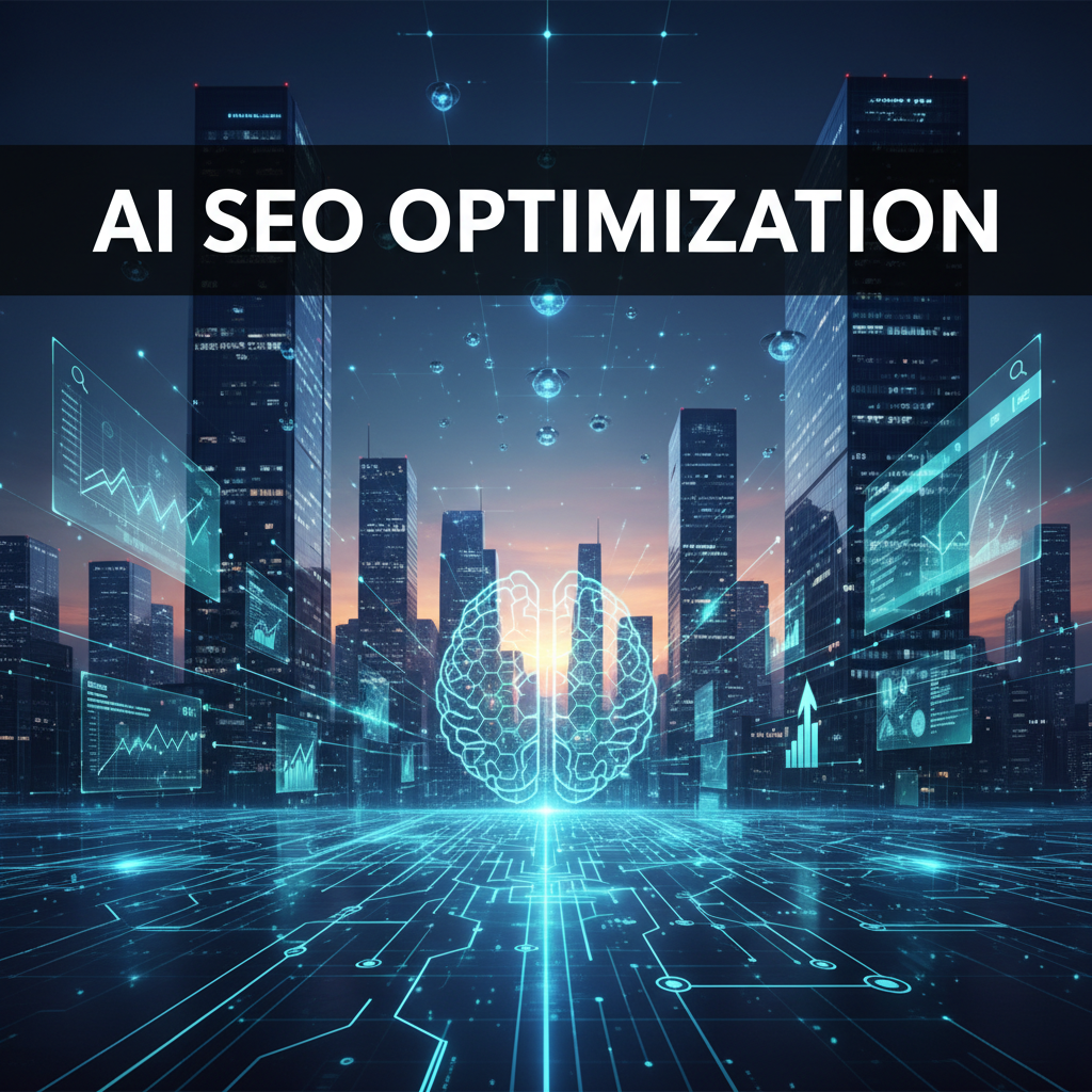 Robot hand building AI SEO optimization engine with gears and data.