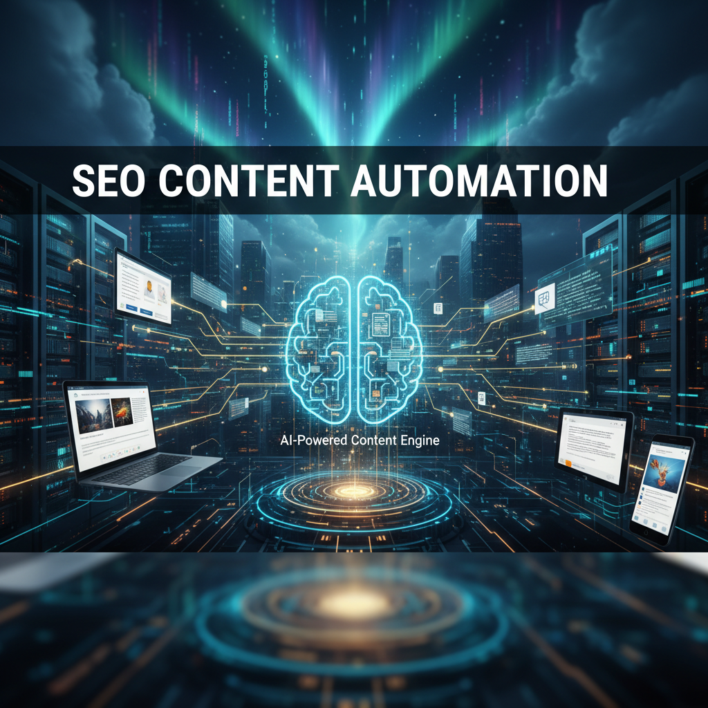 Assembly line of robots creating and optimizing content for SEO automation.