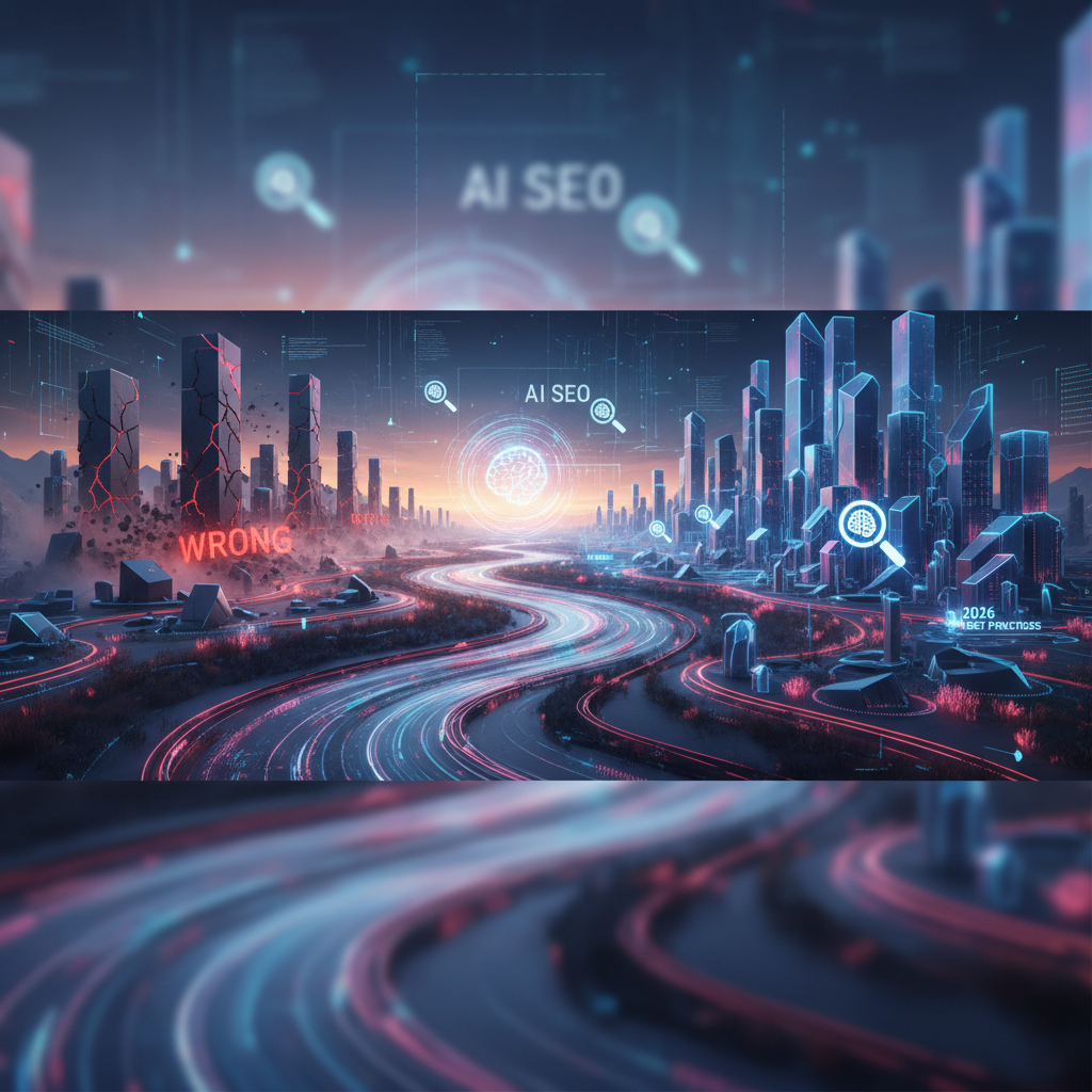 A robot analyzes data with charts and graphs in the background, symbolizing AI SEO.